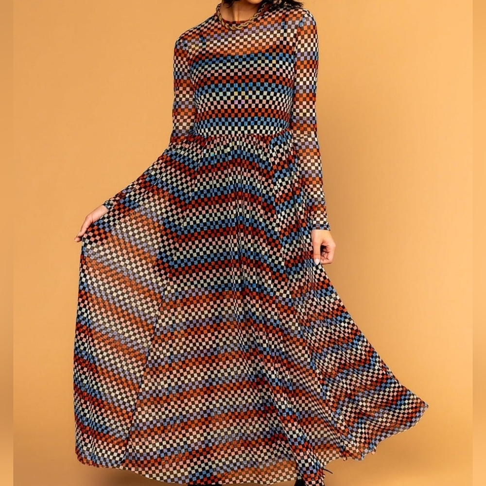 Lala More You Mesh Disco Checkerboard Multicolor Mesh Maxi Dress Large